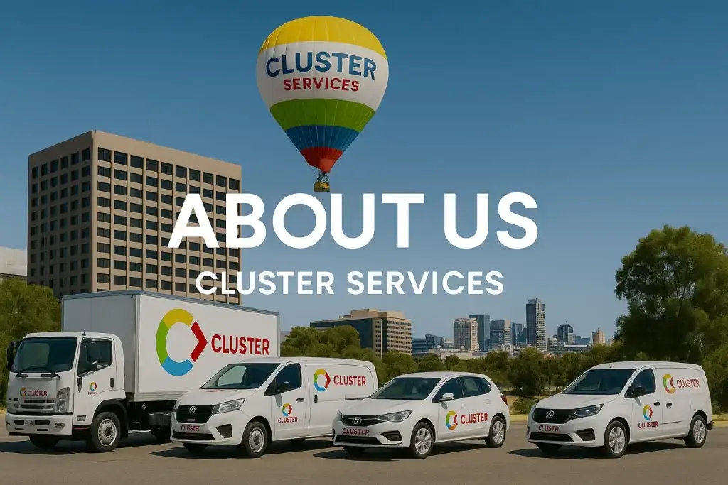 Cluster Services fleet and hot air balloon over Adelaide – trusted property maintenance experts