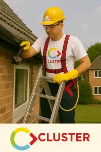 Cluster Services technician performing safe gutter cleaning on a two-storey Adelaide home using PPE and ladder safety gear
