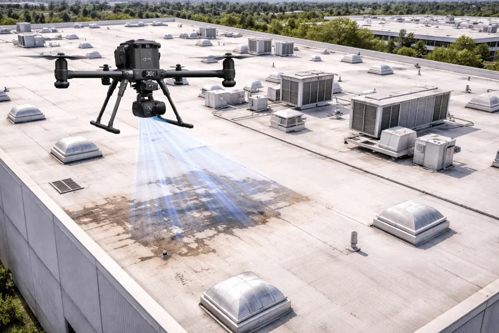 Drone inspection over commercial rooftop