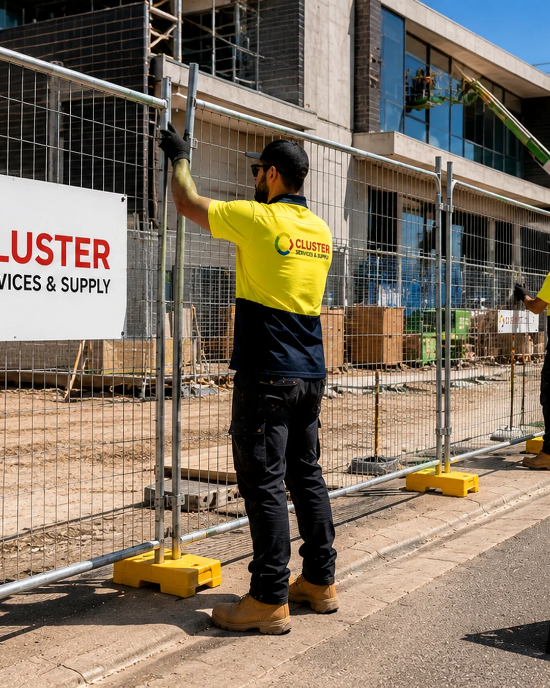 Cluster Services & Supply workers installing temporary fencing around a commercial construction site in Adelaide
