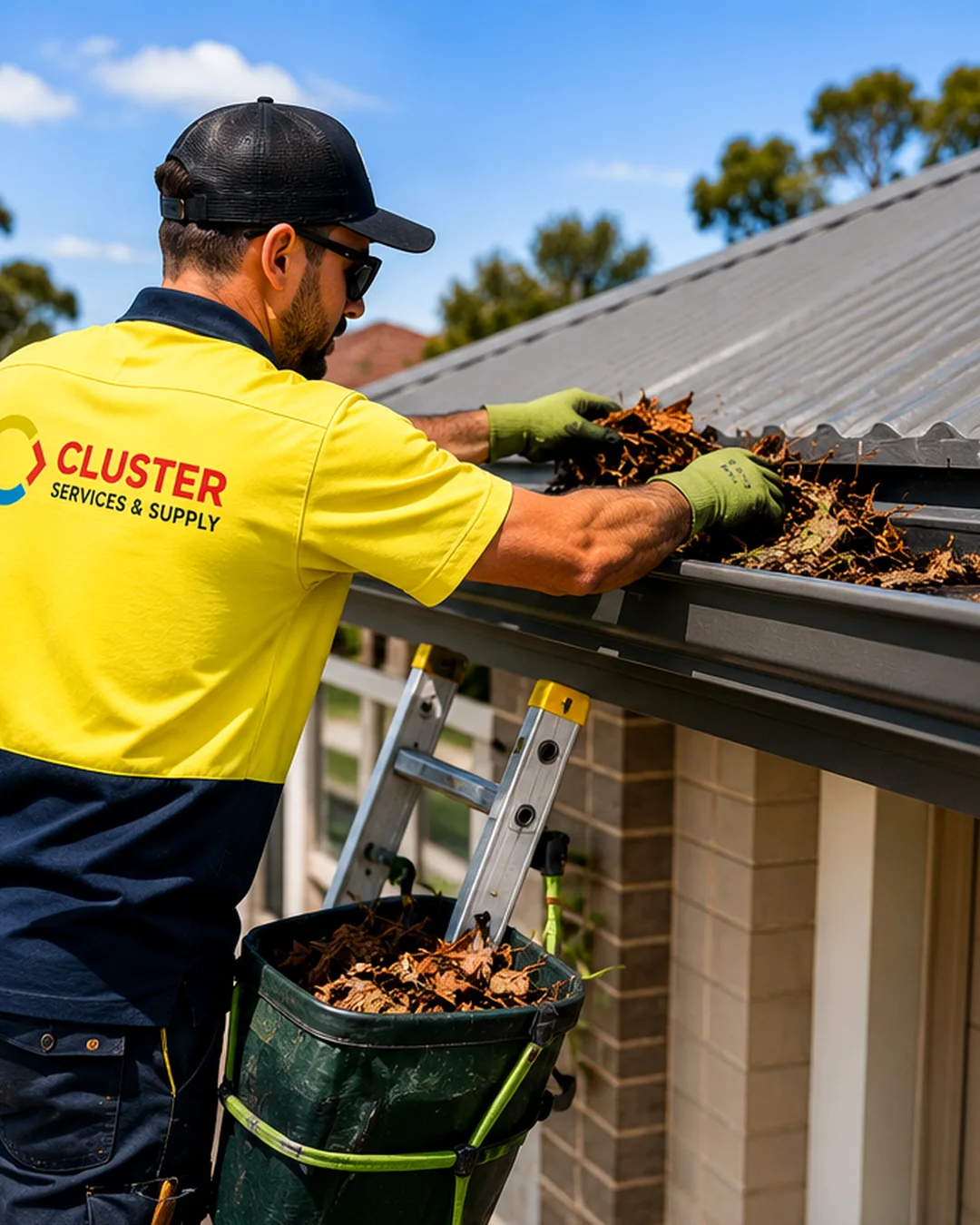 Cluster Services & Supply worker safely cleaning leaves and debris from residential gutters in Adelaide