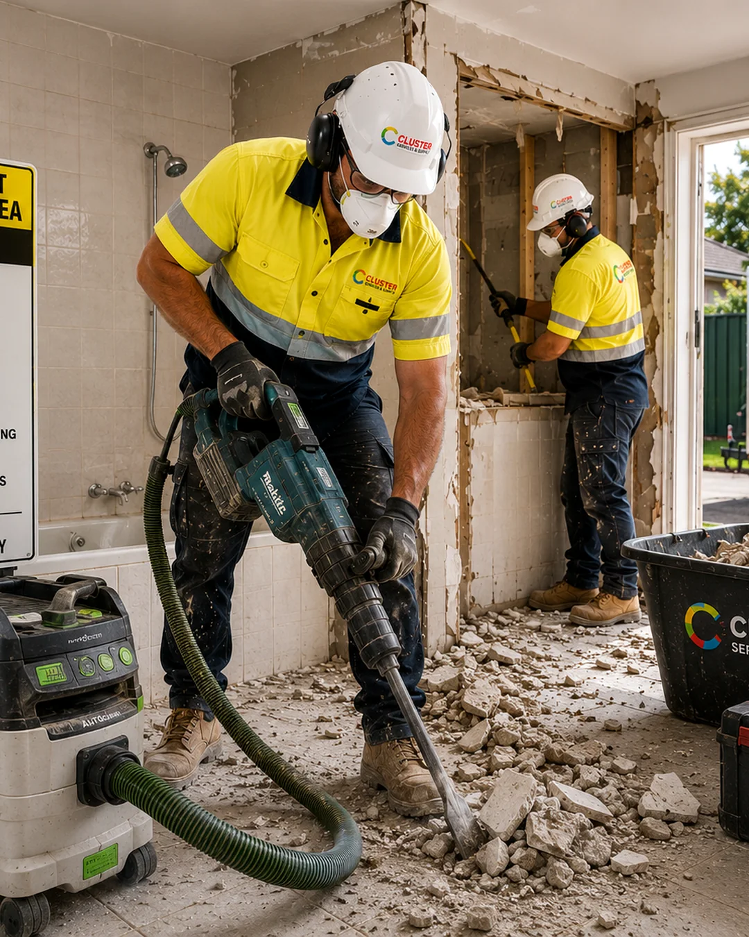 Controlled demolition workers using PPE, silica dust signage and dust extraction during a bathroom strip-out in Adelaide